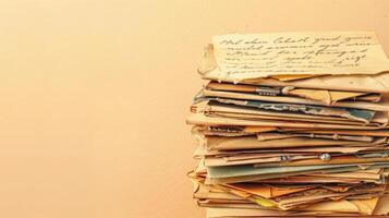 Elegant stack of vintage letters on a serene pale yellow background, ideal for creative copyspace photo