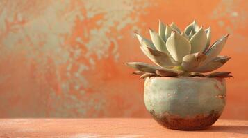 Artistic succulent plant in a pot on a pastel orange background with generous copyspace photo