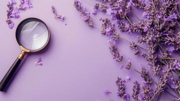 Artistic antique magnifying glass on a light lavender background with generous copyspace photo