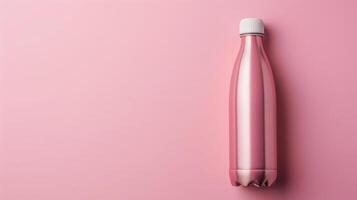 Stylish reusable water bottle on millennial pink background with ample copyspace, ideal for creative projects photo