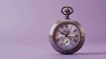 Elegant old pocket watch on a serene soft lilac background, ideal for copyspace photo