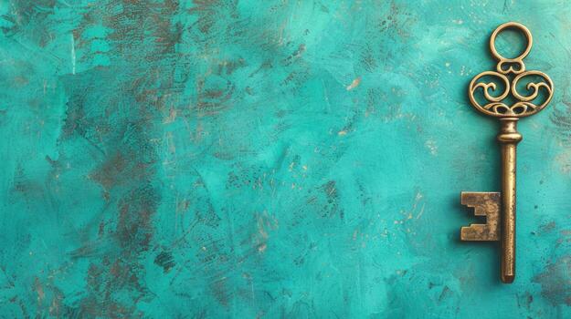 artístico antiguo llave en un pastel verde azulado antecedentes con abundante copyspace foto