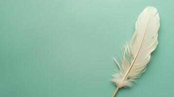 Mint green background featuring a feather quill pen, perfect for copyspace photo