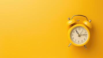 Elegant retro alarm clock on a serene butter yellow background, ideal for creative copyspace photo