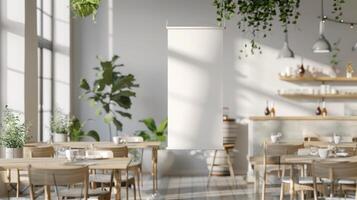 Chic cafe or restaurant featuring an elegant roll-up mockup poster, ideal for promoting specials or events, copyspace, light background. Roll up mockup poster photo