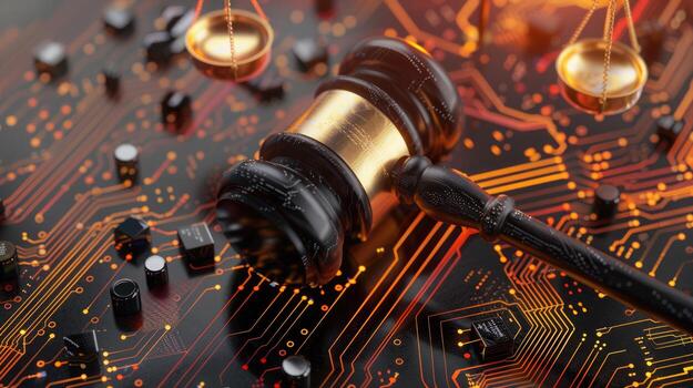 Legal and ethical AI depicted through a circuit board with gavel and scales overlay. AI ethics photo