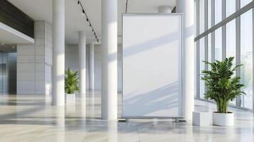 Empty roll-up mockup poster in a modern event venue, customizable for event details or sponsors, clean and professional appearance, light background, minimalism. Roll up mockup poster photo