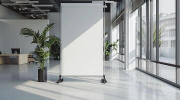 Modern coworking space featuring an empty roll-up mockup poster, ideal for promoting services or events, minimalism, copyspace. Roll up mockup poster photo