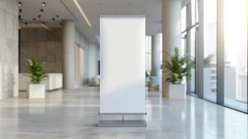 Customizable roll-up mockup poster in a contemporary event space, ideal for showcasing event information or sponsor logos, clean design, minimalism. Roll up mockup poster photo