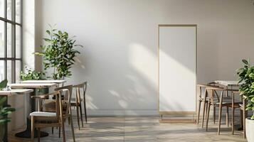Stylish roll-up mockup poster in a modern cafe setting, perfect for special promotions or event advertisements, minimalist design, ample copyspace. Roll up mockup poster photo