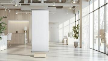 Bright and airy retail store with a sleek roll-up mockup poster, perfect for promotions or product displays, copyspace, minimalist design. Roll up mockup poster photo