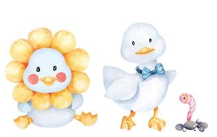 Cartoon duck wearing flower-shaped hat.Duck with bow tie.Hand drawn with watercolor.Cute animal vector