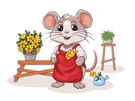 A charming gardener mouse in an apron holds a flower. Cartoon style on a white background. Mascot. A childs character. illustration. vector