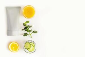 Mock up for cosmetics based on natural ingredients with copy space photo