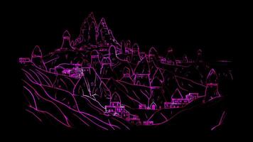 Neon frame effect Cappadocia unique rock formations and fairy chimneys, Turkey, black background. video