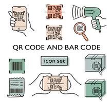 QR code and bar code scan color doodle icons set. illustrations for marketing and electronic commerce. vector