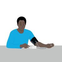 Portrait of a African American guy who measures blood pressure with a tonometer, isolate on white, simple illustration, flat style, minimalism vector