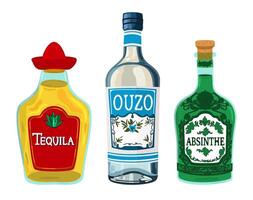 collection of alcohol drinks. Bottles isolated on white background. Tequila, ouzo, absinthe vector