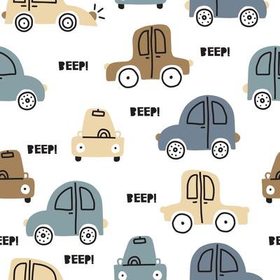 Cute funny repeat seamless pattern with cars on white background