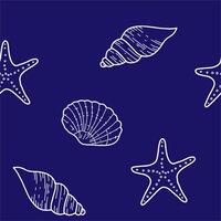 Under the Sea Hand drawn Seamless Pattern with Starfish and Seashells on dark blue background. illustration, line art isolated on white background. For fabric, wallpaper and marine beach design vector