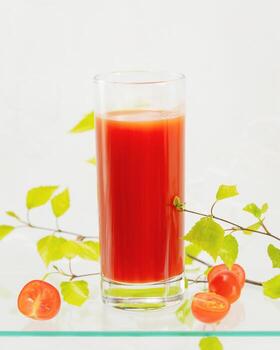 vaso de tomate jugo con Fresco Cereza Tomates en un vaso estantería foto