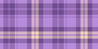Seamless tartan pattern in purple and lavender color with light yellow accents. The plaid design is composed of intersecting lines and squares, creating a classic and stylish textile appearance. vector