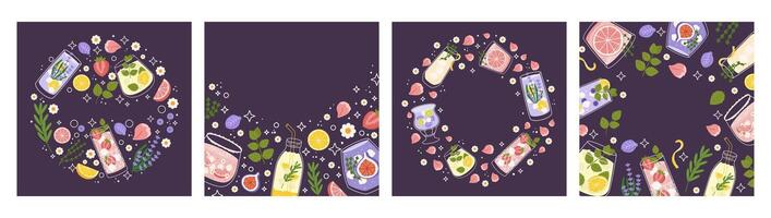 Set of four square post featuring vibrant, refreshing drinks with citrus, berries, and floral elements, purple background. Text Summer, decorative elements like daisies, leaves, fruit slices vector