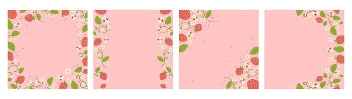Set of four summer sale social media post, pink background with strawberries, bees, and flowers. Post feature text promoting a limited-time offer. Bright and playful, ideal for seasonal promotions. vector
