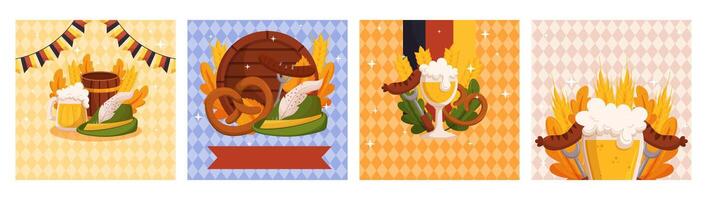 Beer festival square social media post collection template. Design with glass of beer, wheat and leaves, banner ribbon and other festive objects on light rhombus background vector