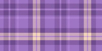 Seamless tartan pattern in purple and lavender hues with light yellow highlights. The plaid design consists of crossing lines and squares, forming a timeless and elegant textile look vector