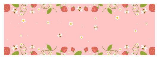 Vibrant summer sale banner with a pastel pink background, decorated with strawberries, white flowers, green leaves, and bees. vector