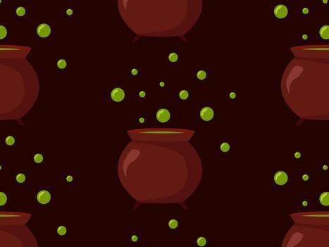 seamless pattern with wizard objects - cauldron with potion cartoon style. Halloween pattern vector