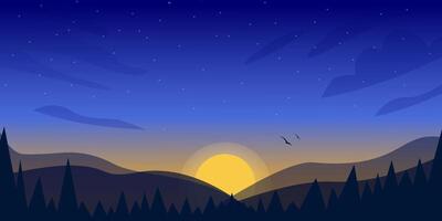 beautiful sunset in the mountains with a silhouette of fir trees. Fir trees and hills 2D cartoon landscape with sun and sky vector
