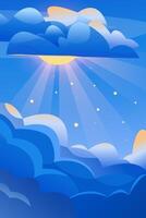 Bright sky with sun and thunderclouds, sun rays in cartoon style vector