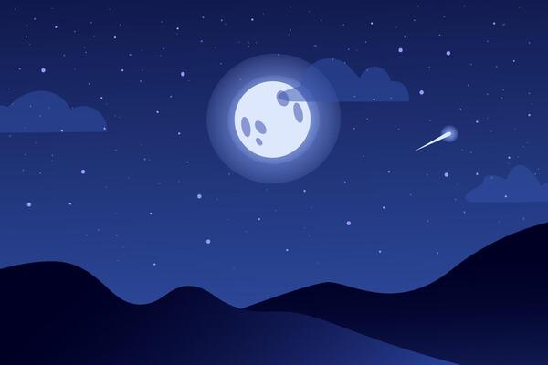 night starry sky with big full moon and mountains silhouette