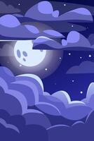 night sky with moon, clouds and stars. Moon through the clouds vector