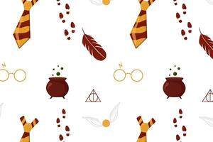 Seamless pattern magic school. seamless pattern with magician objects - flying ball, magic feather, glasses, tie, potion cauldron, shoeprint. Children's pattern, magic design vector