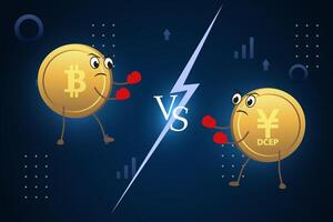 Currency battle bitcoin vs DCEP digital yuan. Digital currencies fight On a stylized background. vector