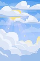 sun in a light cloudy sky. Rays breaking through the clouds in cartoon style vector