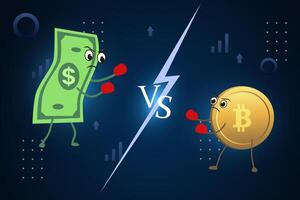 Currency vs cryptocurrency battle fiat dollar against bitcoin. Fight On a stylized background. vector