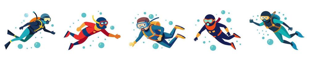 Set of Scuba divers isolated on white background. Graphic illustration. Concept of underwater adventure, scuba diving tourism. Print, design elements vector