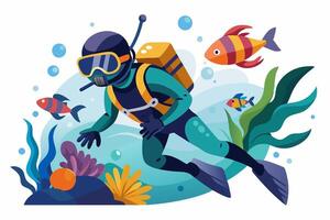 Scuba diver isolated on white background. Graphic illustration. Concept of underwater adventure, scuba diving tourism. Print, design element vector