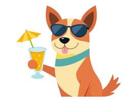 Smiling funny dog in sunglasses with tropical cocktail. Puppy with fruit soft drink. Concept of summer fun, leisure, vacation vibes. Isolated on white background. Print. Design element vector