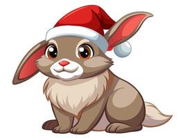 Cute rabbit in Christmas Santa hat isolated on white background. Adorable bunny in festive attire. Concept of holiday pets, Christmas animals, festive season. Print, logo, design element. Graphic art vector