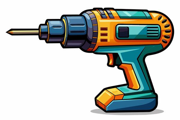 Colorful illustration of a cordless power drill isolated on a white background. Electric drill with a modern design. Concept of tools, DIY projects, home improvement, construction.