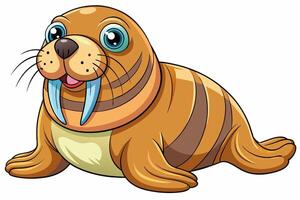 Cute cartoon walrus isolated on white background. Illustration of a smiling walrus with large tusks. Concept of marine life, wild animals, and adorable cartoon characters. Print, element for design. vector