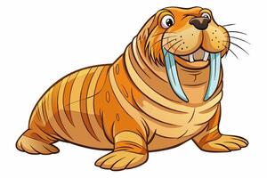 Cute cartoon walrus isolated on white background. Illustration of a smiling walrus with large tusks. Concept of marine life, wild animals, and adorable cartoon characters. Print, element for design. vector