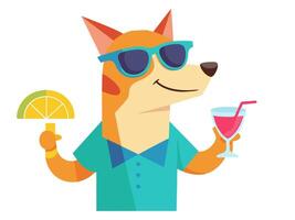 Smiling funny dog in sunglasses with tropical cocktail. Puppy with fruit soft drink. Concept of summer fun, leisure, vacation vibes. Isolated on white background. Print. Design element vector