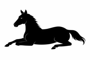 Black silhouette of a lying horse isolated on white background. Mustang illustration in minimalist style. Ideal for concept designs, prints, logos, templates, pictograms. vector