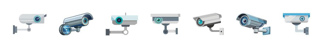 Set of Security cameras isolated on white background. Graphic illustration. Surveillance equipment. Concept of modern security technology, monitoring, protection. Print, logo, sign, design elements vector